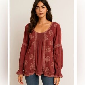 Johnny Was Smocked Embroidered Peasant Top Blouse Dusty Rose‎ Size Large